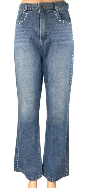 Women's Blue Studded Medium Wash High Waist Flared Bootcut Denim Jeans Pants 28 thumbnail 1