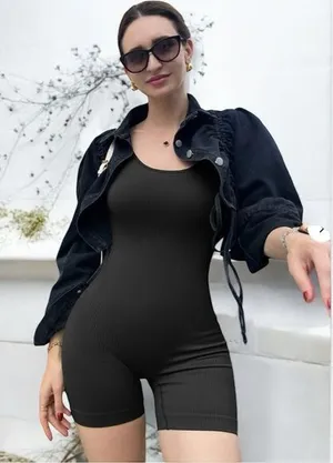 OQQ Size M Square Neck Athletic Romper Black‎ Ribbed Sporty Closet Staple Basic thumbnail 1