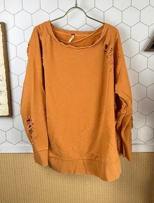 Free People Hole My Heart Oversized Distressed Orange Sweatshirt - Size - XXS thumbnail 1