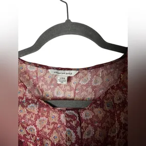American Eagle Sheer‎ Floral Blouse Large Burgundy Long Sleeve Boho Peasant Top thumbnail 4