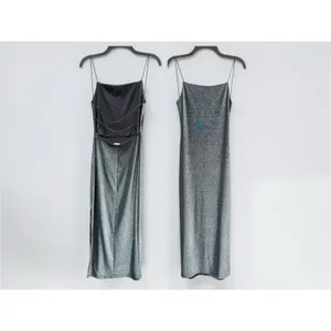 City Triangles Y2K 90s Minimalist Shimmer Open Back Column Maxi Dress Silver Black Size M Read thumbnail 3