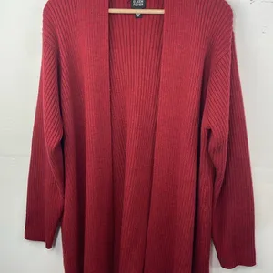 Eileen Fisher Open Front Ribbed Cardigan Sweater 100% Merino Wool Deep Red Med thumbnail 3