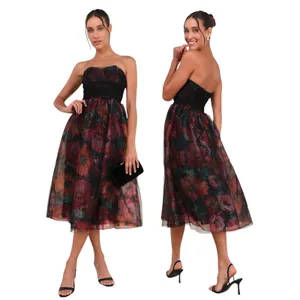 Lulus Splendidly Yours Black Floral Organza Mesh Strapless Midi Dress size L NWT thumbnail 2