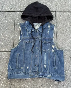 Others Follow Women Hooded Denim Vest Distressed Blue Jean Jacket Sleeveless XL thumbnail 1