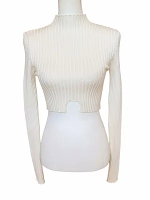 Edikted Cropped Sweater Top Women’s M/L Cream Ribbed Mock Neck Stretch Fall Sexy thumbnail 2