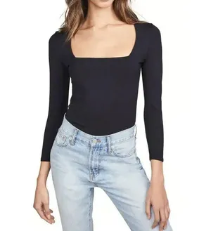 Free People Intimately Square Neck Bodysuit Womens S Black Snap Thong Minimalist thumbnail 1