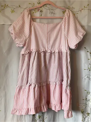 BiBi Cute Pink Pastel Stripe Ruffle Tier Puff Sleeve Babydoll Summer Dress Sz XL thumbnail 9
