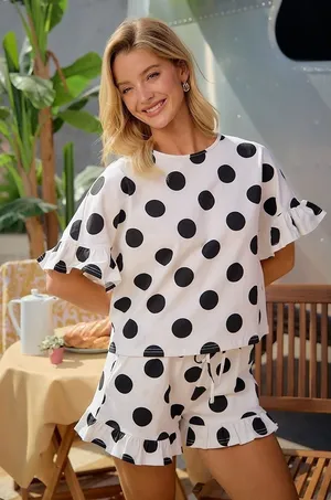 BiBi Polka Dots Printed Ruffled Detail Top And Shorts Set - Large thumbnail 1