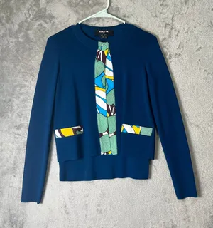 Paule Ka Paris Blue Open Front Cardigan & Shirt Contrast Trim Small‎ Work Office thumbnail 1