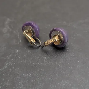 Vintage Clip On Earrings 5/8" Domed Circle Muted Marbled Purple Retro thumbnail 11