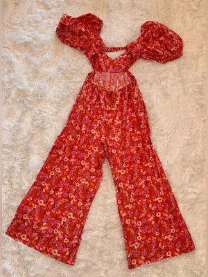 NEW FREE PEOPLE Amy Floral Cotton cutout Orange Jumpsuit sz M thumbnail 7