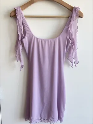 White Fox Don’t Tell Me Now Mini Dress Lilac XS Mesh Ruffle Bodycon thumbnail 3