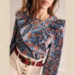 💕SEZANE💕 West Shirt Ranch Marine Multi-Color Paisley Floral Print FR 38 = US 6 thumbnail 5