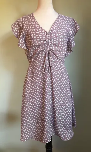 Monteau cottage fairy boho whimsi Floral Ruffle‎ Sleeve Mini Dress Mauve Dainty thumbnail 1
