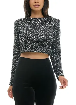 NWT Alex & Sophia Cropped Faux-Pearl-Trim Sequin Velvet Top Charcoal Black 2XS thumbnail 1