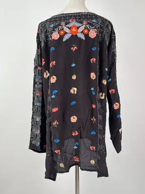 NWOT Johnny Was Biya Silk Embroidered Floral Boho Shirt Blouse Black Sz L thumbnail 6