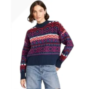 Old Navy So Soft Fair Isle Sweater Women XS Navy Blue‎ Red Mock Neck Nordic Knit thumbnail 2