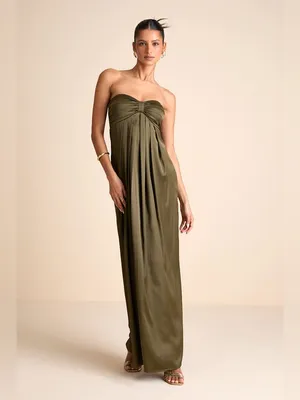 Lulu's Memorable Entrance Olive Green Strapless Satin Maxi Dress thumbnail 3