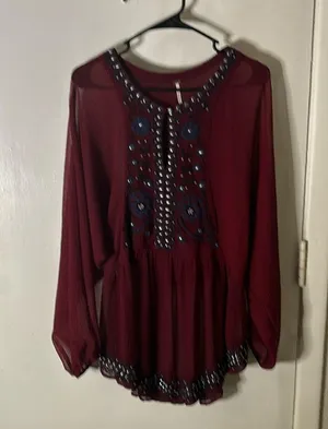 Free People Promesa Peasant Tunic Blouse Sheer Beaded Embroidered Boho M Indie thumbnail 2