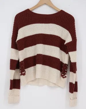 Pink Republic Women's Striped Lace Up Side Knit Sweater Burgundy Cream L thumbnail 1