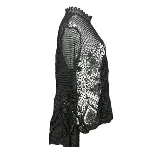 Bold Elements Black Crochet Lace Sheer Long Bell Sleeve Top XL thumbnail 2