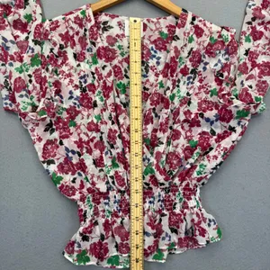 MISA Los Angeles Floral Smocked Peplum Top Pink‎ White V-Neck Long Sleeve Medium thumbnail 4