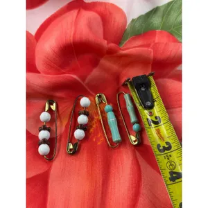 Vintage‎ Beaded Safety Pin Brooch Set Turquoise Faux Bamboo White Brown 4pc thumbnail 3