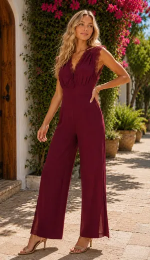 Altar’d State Burgundy Lace-Trim Wide-Leg Jumpsuit Size M thumbnail 1