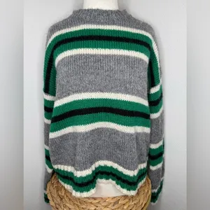 Urban Outfitters Sweater Knit Boyfriend Crewneck Gray Green Striped Fall cozy thumbnail 2