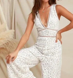 Lulus Amora White Lace Jumpsuit Bridal Bride Bachelorette Wedding Small thumbnail 1