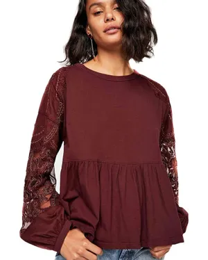Free People | Penny Embellished-Sleeve Top In Wine | Small thumbnail 1