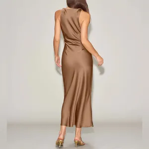 Rihoas Coffee Satin Boat Neck Slip Midi Dress thumbnail 5