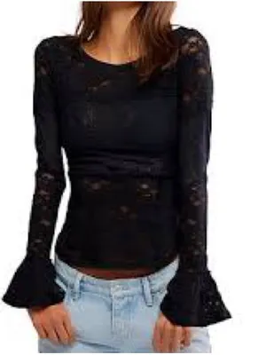 Free People Black Lace Top With Flared Sleeves thumbnail 3