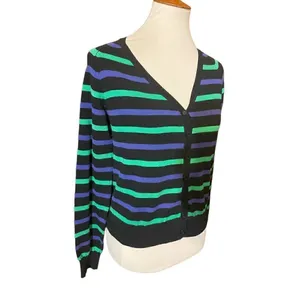 XXI Womens Cardigan Sweater Stripe Long Sleeve Button Front V Neck Blue Large thumbnail 4