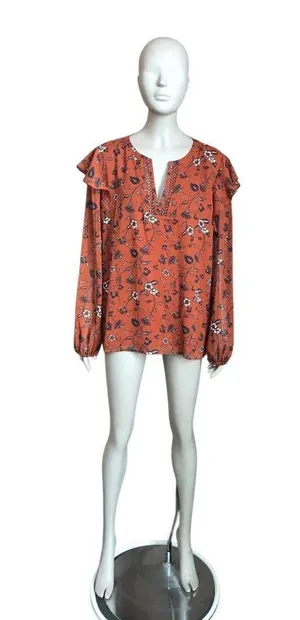 Loft Orange and Blue Flower Patterned Blouse thumbnail 1