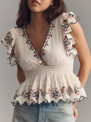 By Anthropologie Embroidered Flutter-Sleeve Top thumbnail 1