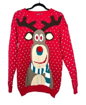 REMEL LONDON Womens Ugly Christmas Sweater L Red Reindeer Festive Party Holiday‎ thumbnail 1