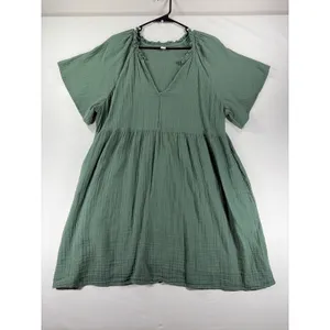 Old Navy Sage Green Gauze Babydoll Mini Dress XL V-Neck Short Sleeve Pockets thumbnail 3