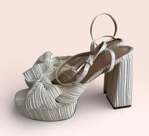 WHITE Pleated Bow Platform Sandals Heels Size 10 thumbnail 1
