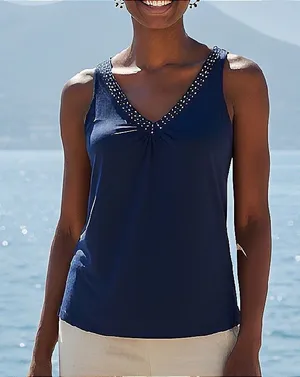Express Tank Top Womens Small Navy Blue Excellent Studded‎ V-Neck Sleeveless thumbnail 1