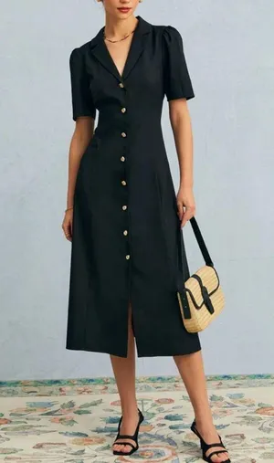 Rihoas The Black V Neck Button Puff Sleeve Midi Dress thumbnail 5
