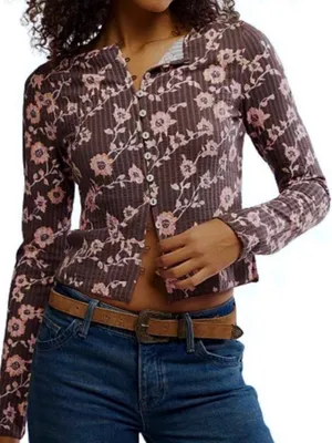 Like New Free People Tilly Brown Floral Crop Top Size XS Retail $78.00 thumbnail 1