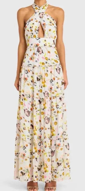 Amanda Uprichard Estella Floral Maxi Dress Halter Cream White‎ Pink Backless M thumbnail 1