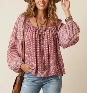 Free People Elena Top 100% Cotton Pink Boho Floral Peasant Blouse Size Small thumbnail 1