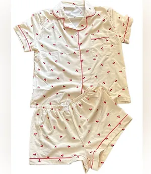 Cherry Print women’s Pajamas - Cream and Red thumbnail 1