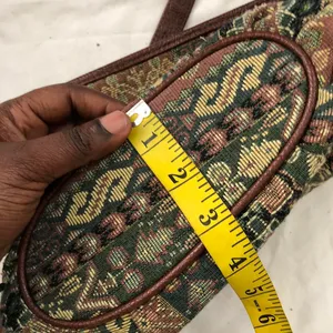 Unique green brown VTG boho tapestry crossbody shoulder tote bucket bag purse PU leather straps & interior cottage-core thumbnail 5