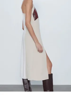 NWOT Zara Beige Cream Snakeskin Pleated Midi Dress Size M • Spaghetti Strap Side thumbnail 4