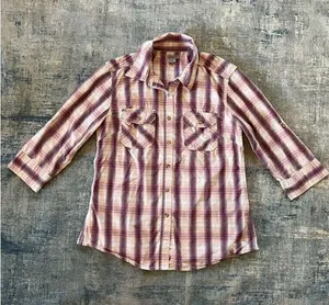 Carhartt Huron Cream Berry Red Pink Plaid Button Down 3/4 Sleeve Shirt Medium thumbnail 1