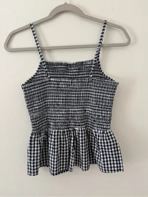 ANGIE Gingham Romantic Summer Cotton Smocked Peplum Tank Top size medium thumbnail 3