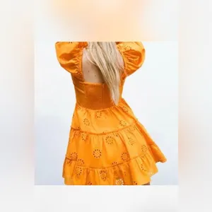 ZARA Orange Eyelet Puff-Sleeve Mini Dress thumbnail 3